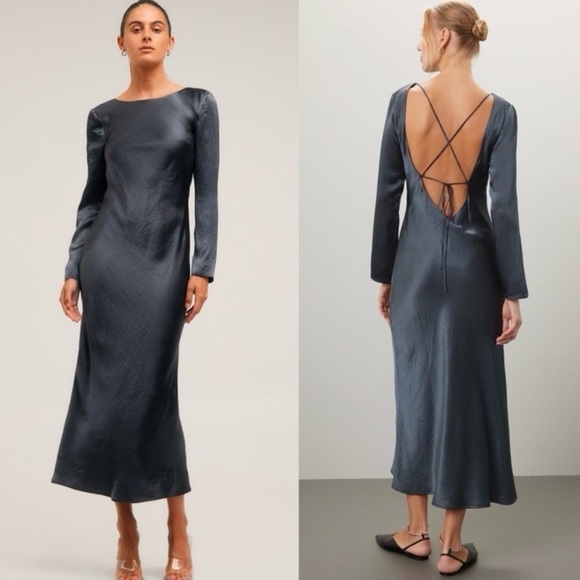 Third Form Crush Midi Dress Open Back Crisscross Ties in Gray Hammered Satin 2 - Picture 1 of 7